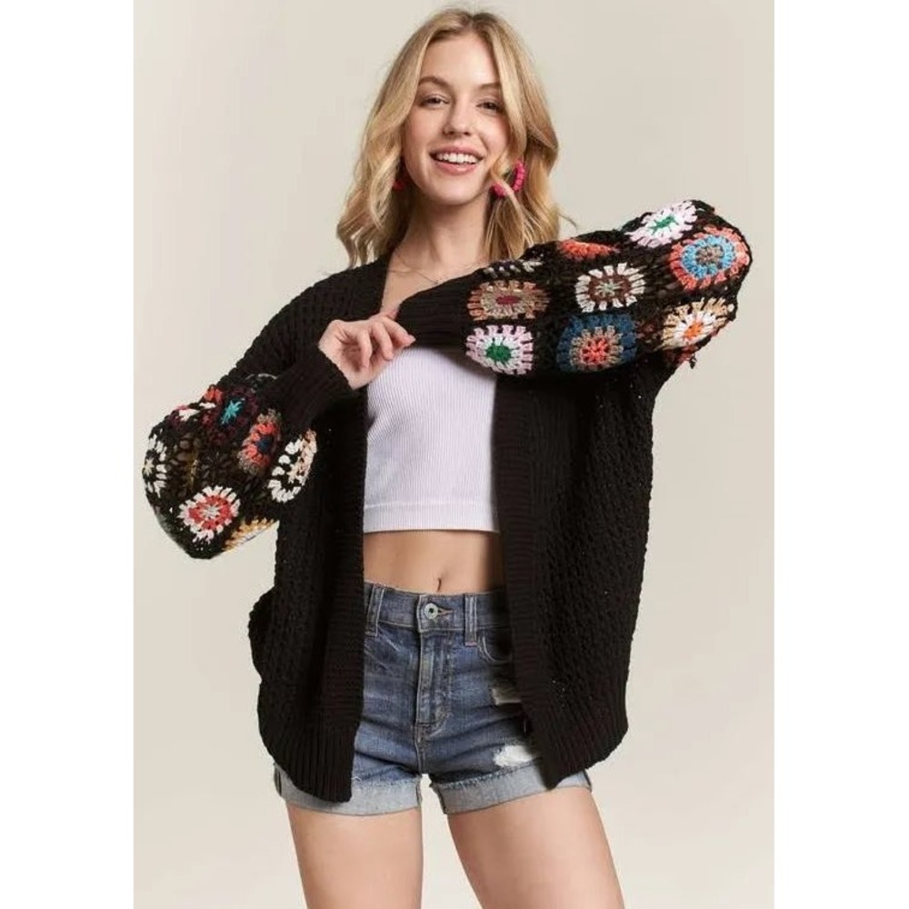 Adora Black Crochet Granny Square Sleeve Open Front Cardigan Boho Floral Large